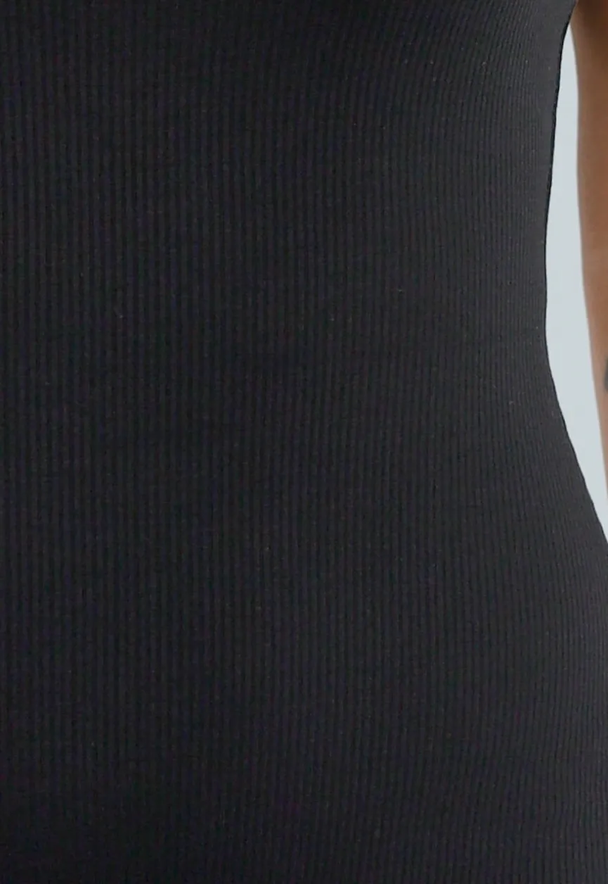 Zwarte Rib Playsuit met Stretch en Rechte Halslijn