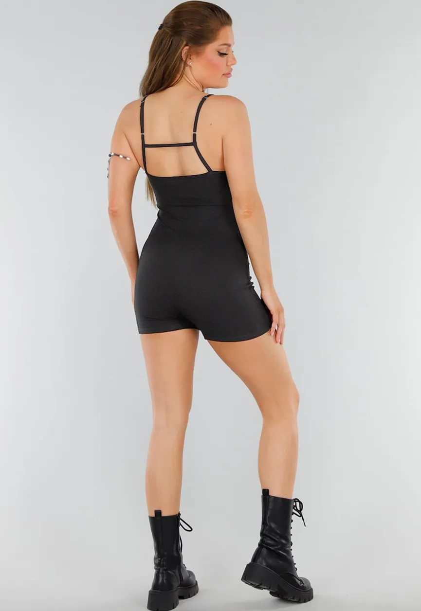 Zwarte Rib Playsuit met Stretch en Rechte Halslijn
