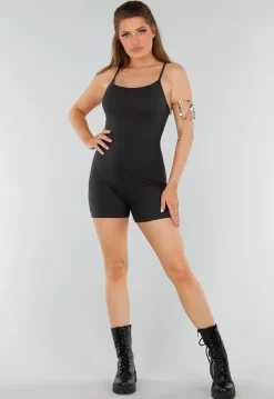 Zwarte Rib Playsuit met Stretch en Rechte Halslijn