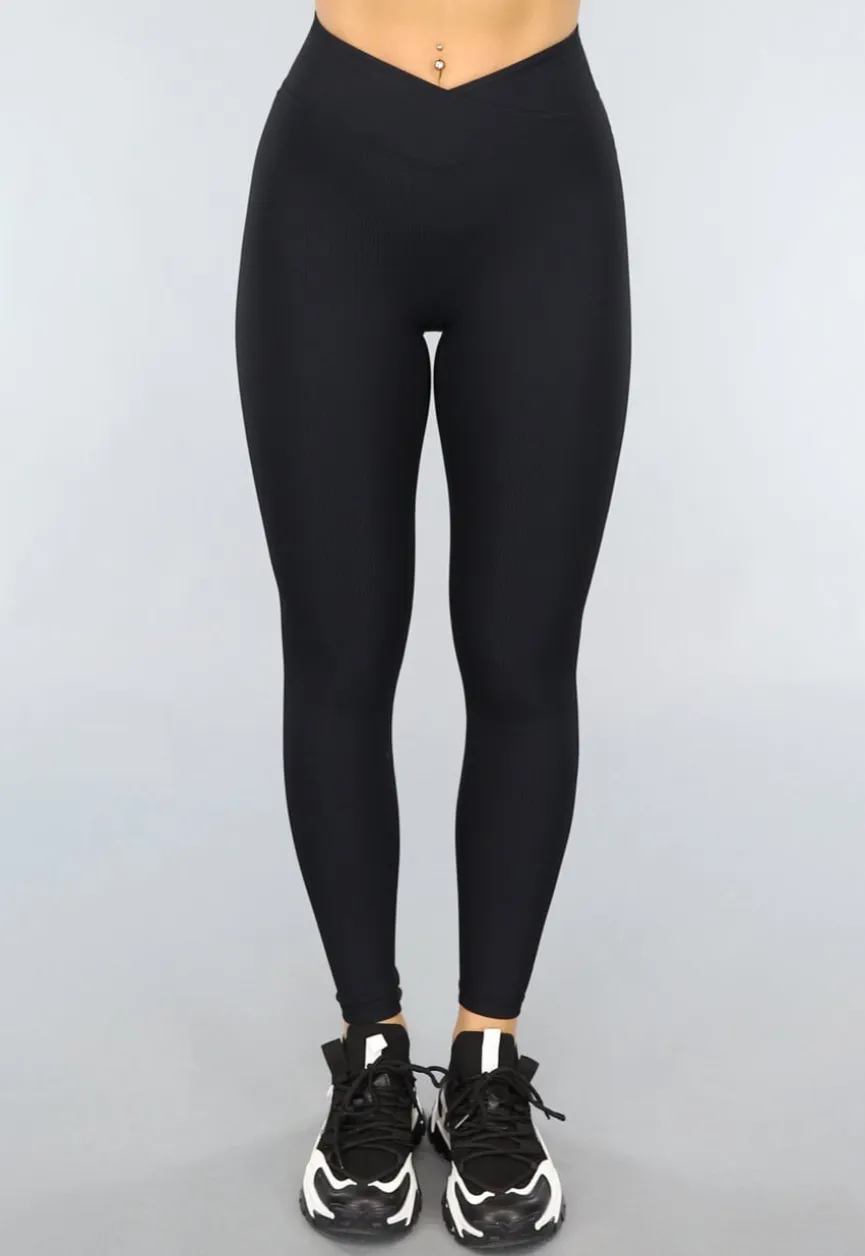Zwarte Rib Sportlegging met Overslag Taille