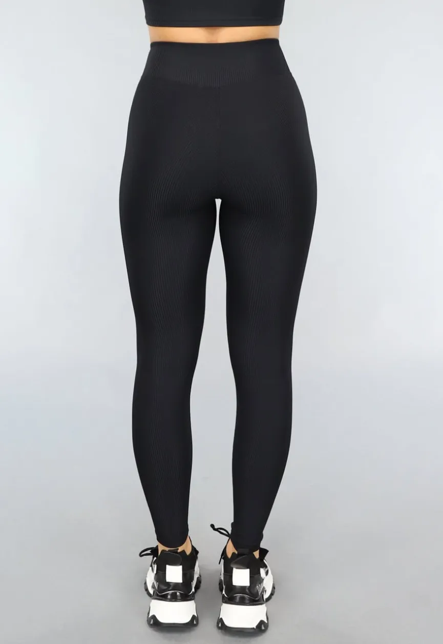Zwarte Rib Sportlegging met Overslag Taille