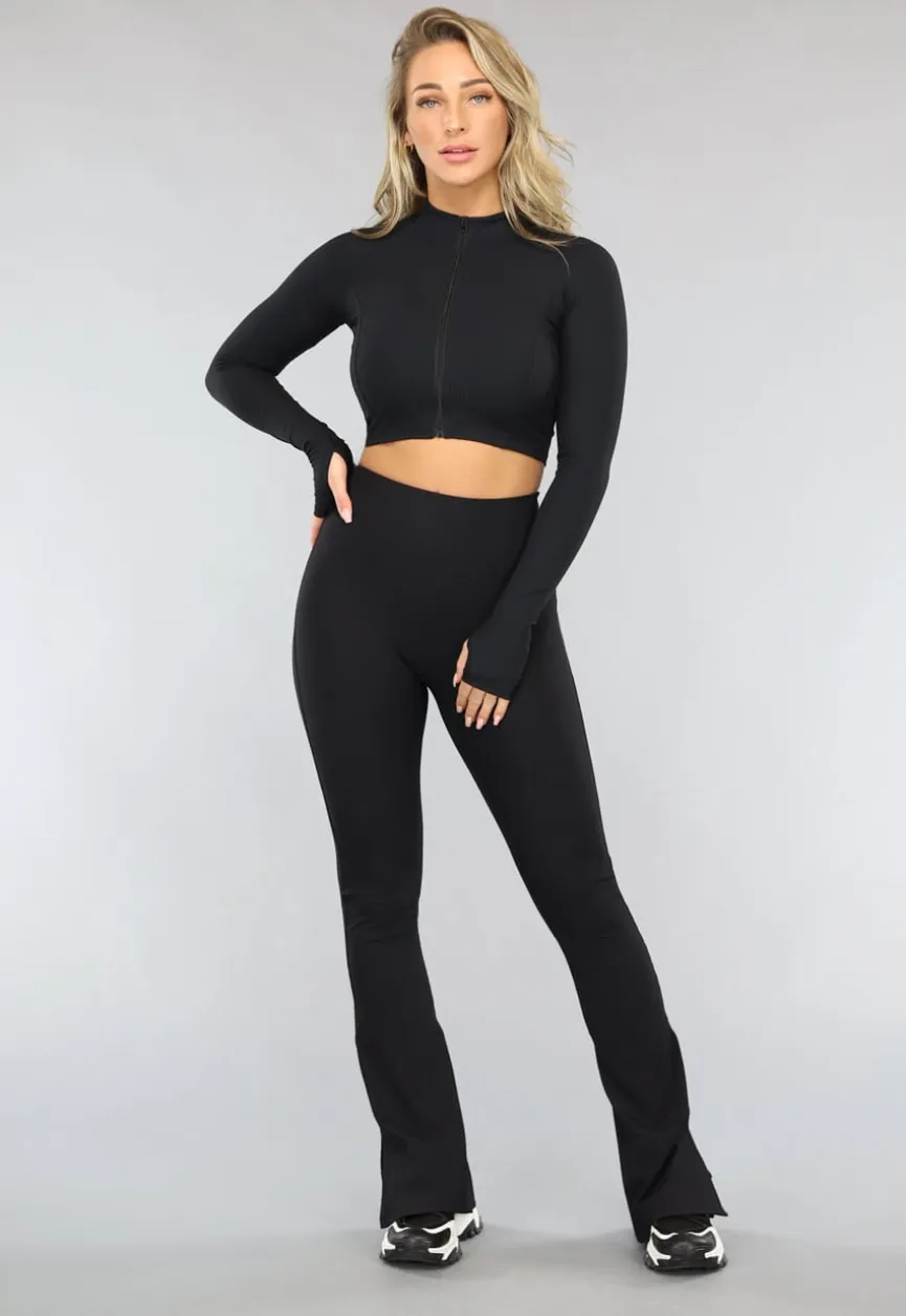Zwarte Ribstof Flair Sportlegging met Split