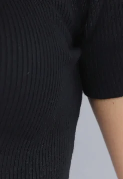 Zwarte Ribstof Stretch Jurk met Één Mouw
