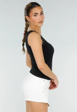 Zwarte Rib Tank Top met Glitters en Aansluitende Pasvorm