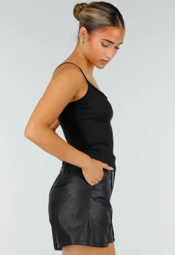 Zwarte Rib Top met Spaghettibandjes en Kanten Halslijn