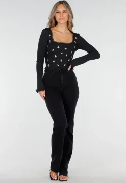 Zwarte Rib Top met Teddybeertjes en Vierkante Halslijn
