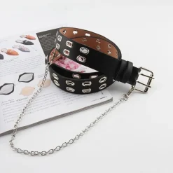 Zwarte Riem met Dubbele Ringen en Ketting