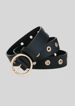 Zwarte Riem met Ronde Gesp en Gouden Detail