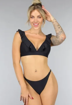 Zwarte Ruffle Bikini Top met Strikdetail