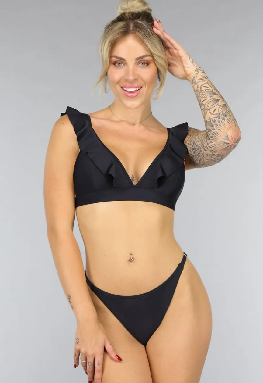 Zwarte Ruffle Bikini Top met Strikdetail