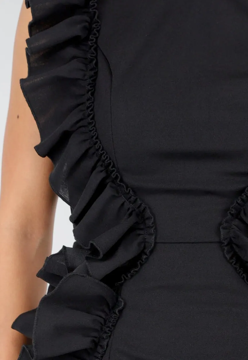 Zwarte Ruffle Jurk Zonder Mouwen met Stretch