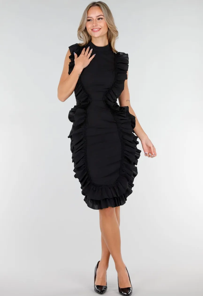 Zwarte Ruffle Jurk Zonder Mouwen met Stretch