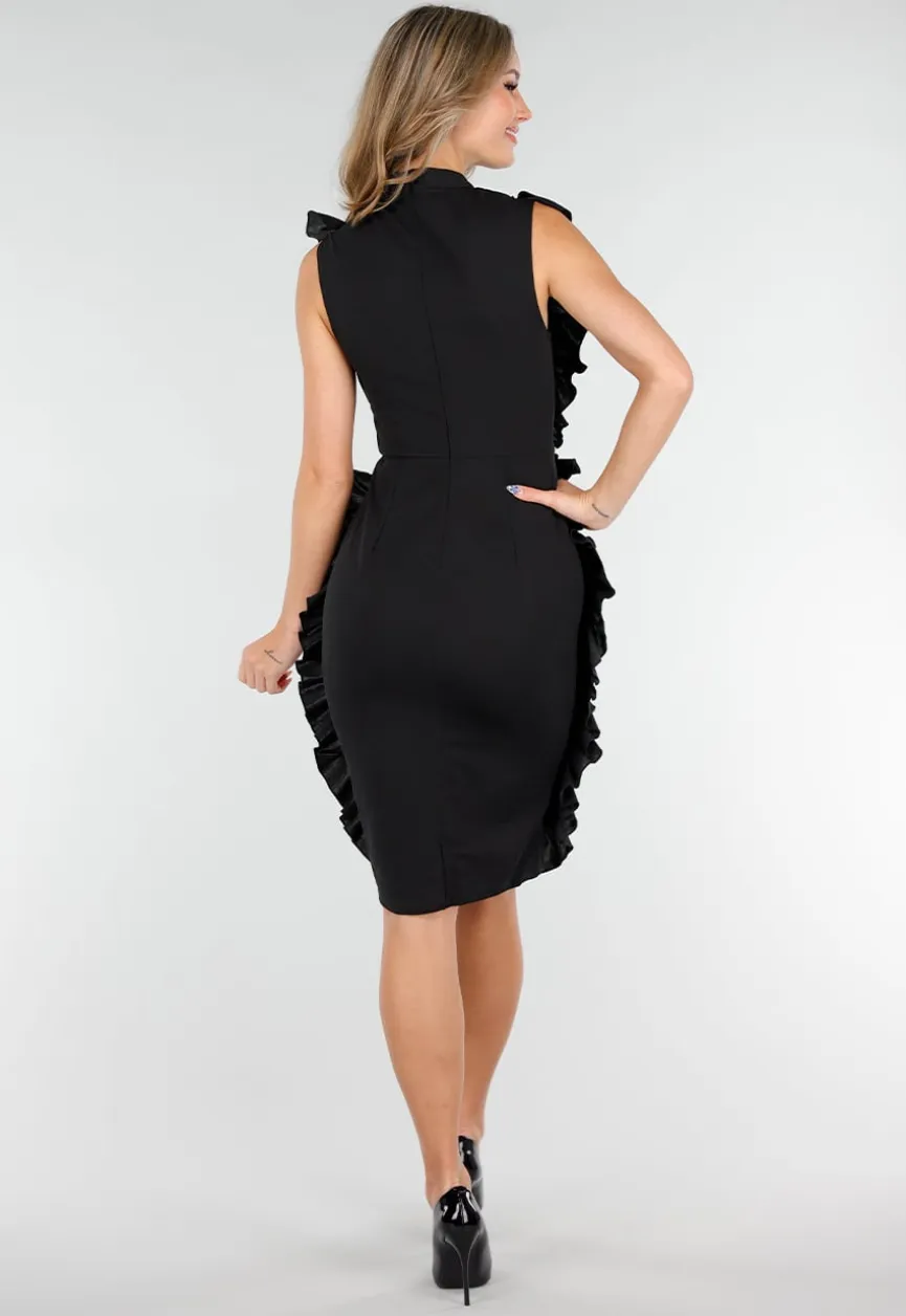Zwarte Ruffle Jurk Zonder Mouwen met Stretch