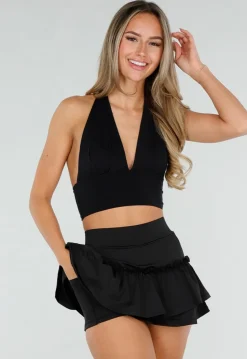 Zwarte Ruffle Rok met Contrasterende Bies en Hoge Taille