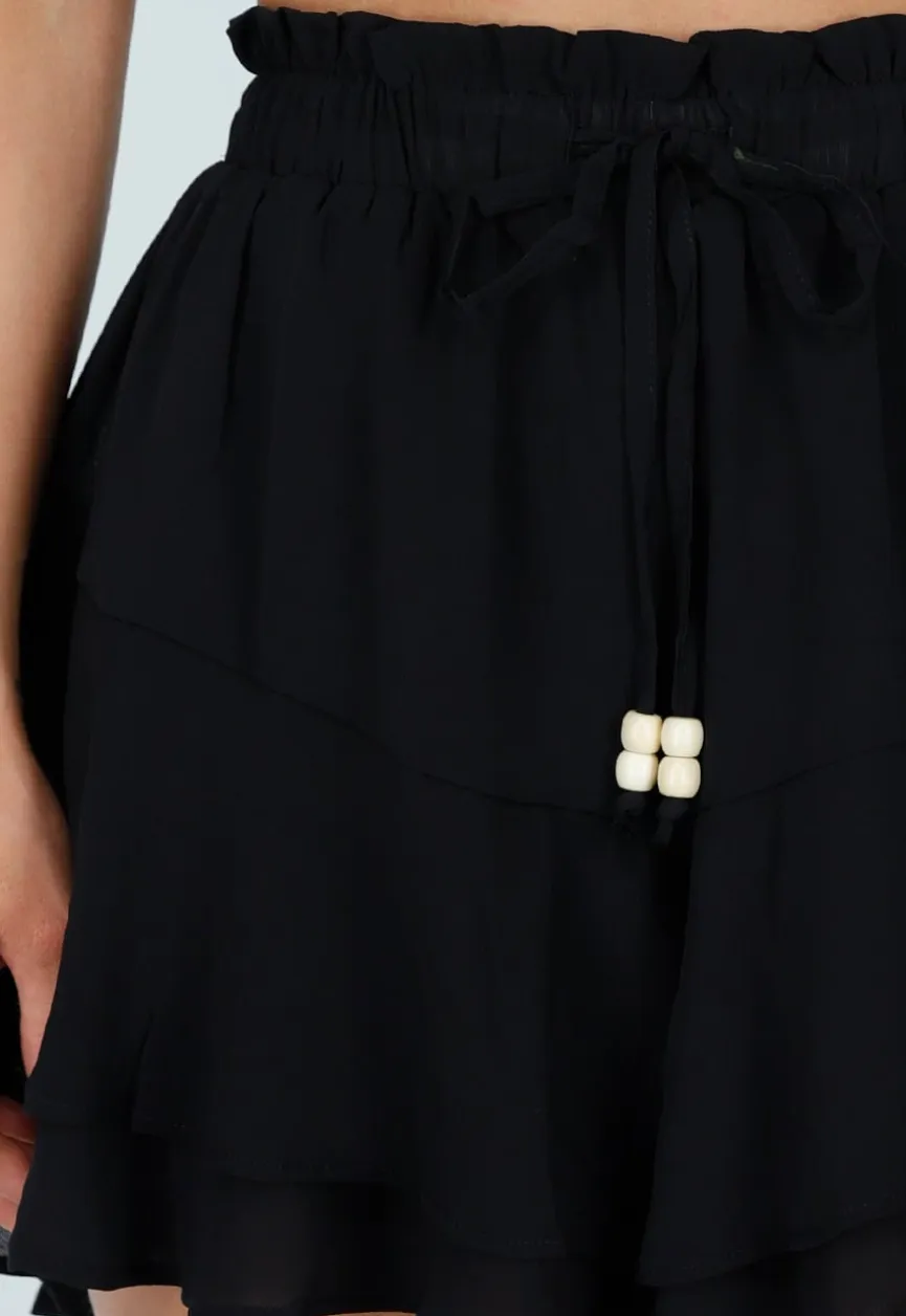 Zwarte Ruffle Skort met Elastische Taille en Strikkoord