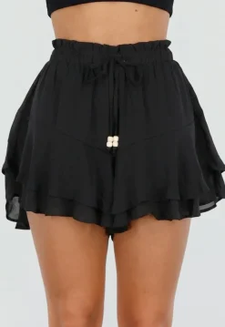 Zwarte Ruffle Skort met Elastische Taille en Strikkoord