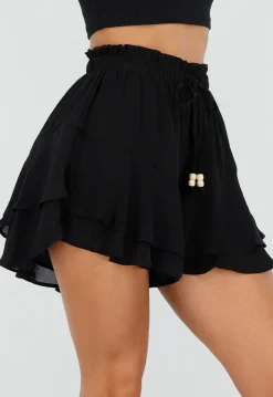 Zwarte Ruffle Skort met Elastische Taille en Strikkoord