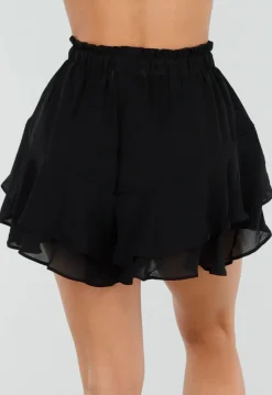 Zwarte Ruffle Skort met Elastische Taille en Strikkoord