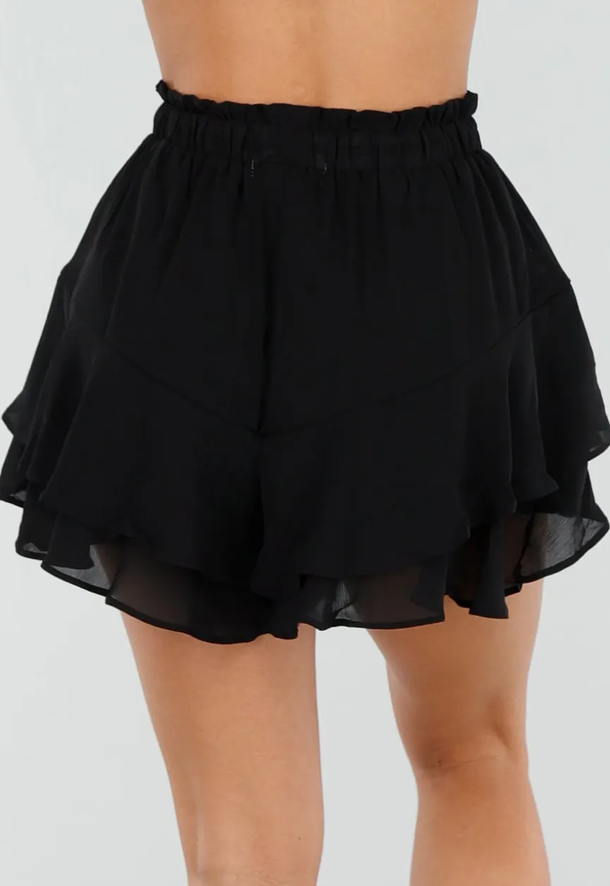 Zwarte Ruffle Skort met Elastische Taille en Strikkoord