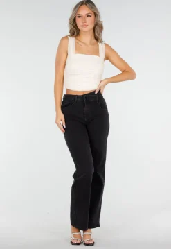 Zwarte Sandaletten met Glitterbandjes en Transparante Hak