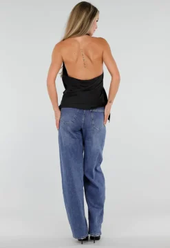 Zwarte Satijnen Halter Top met Overslag en Asymmetrische Zoom