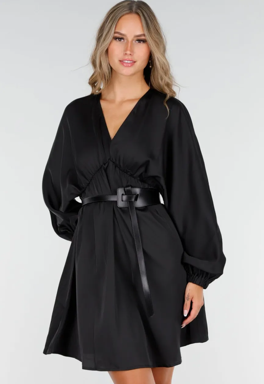 Zwarte Satijnen Longsleeve Skater Jurk