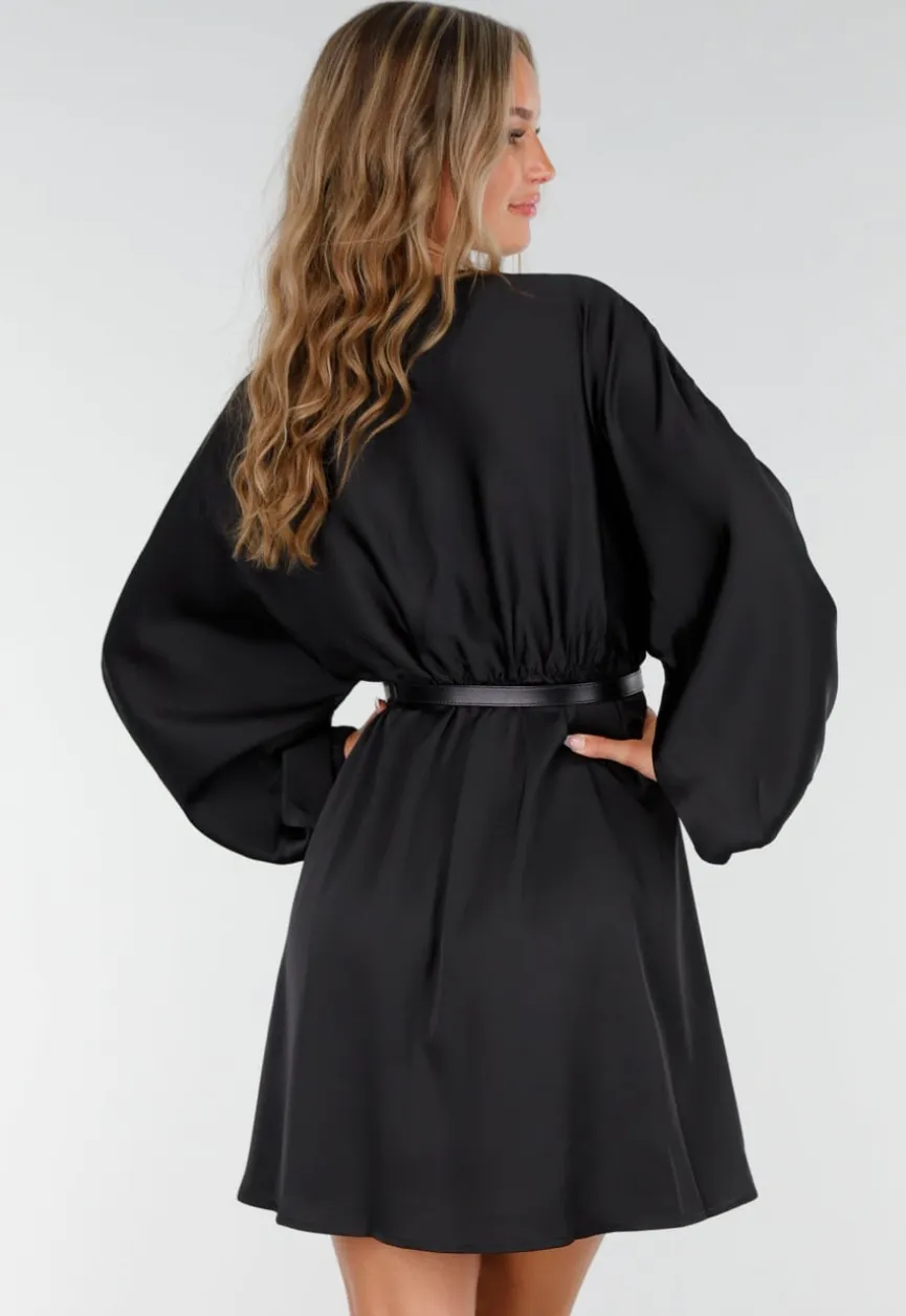 Zwarte Satijnen Longsleeve Skater Jurk