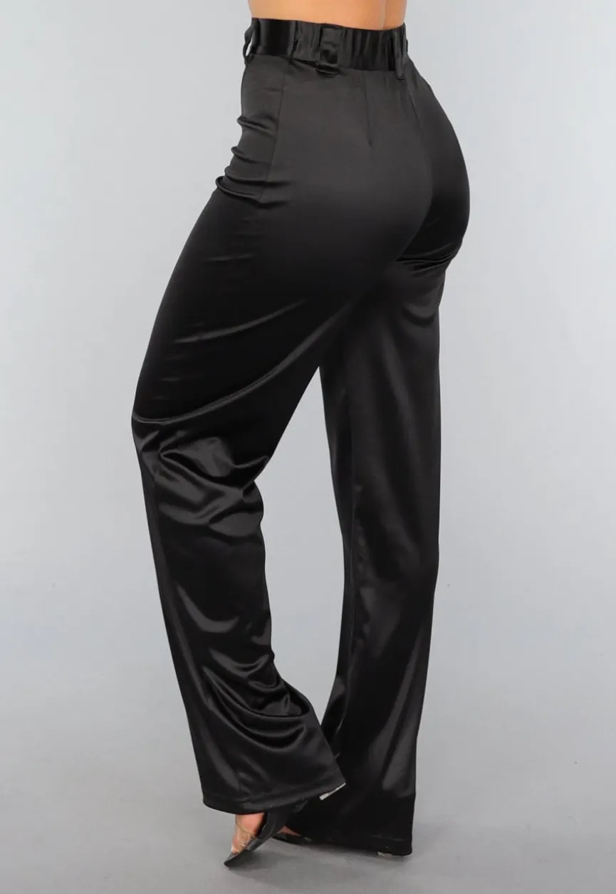 Zwarte Satijnen Straight Leg Stretch Pantalon