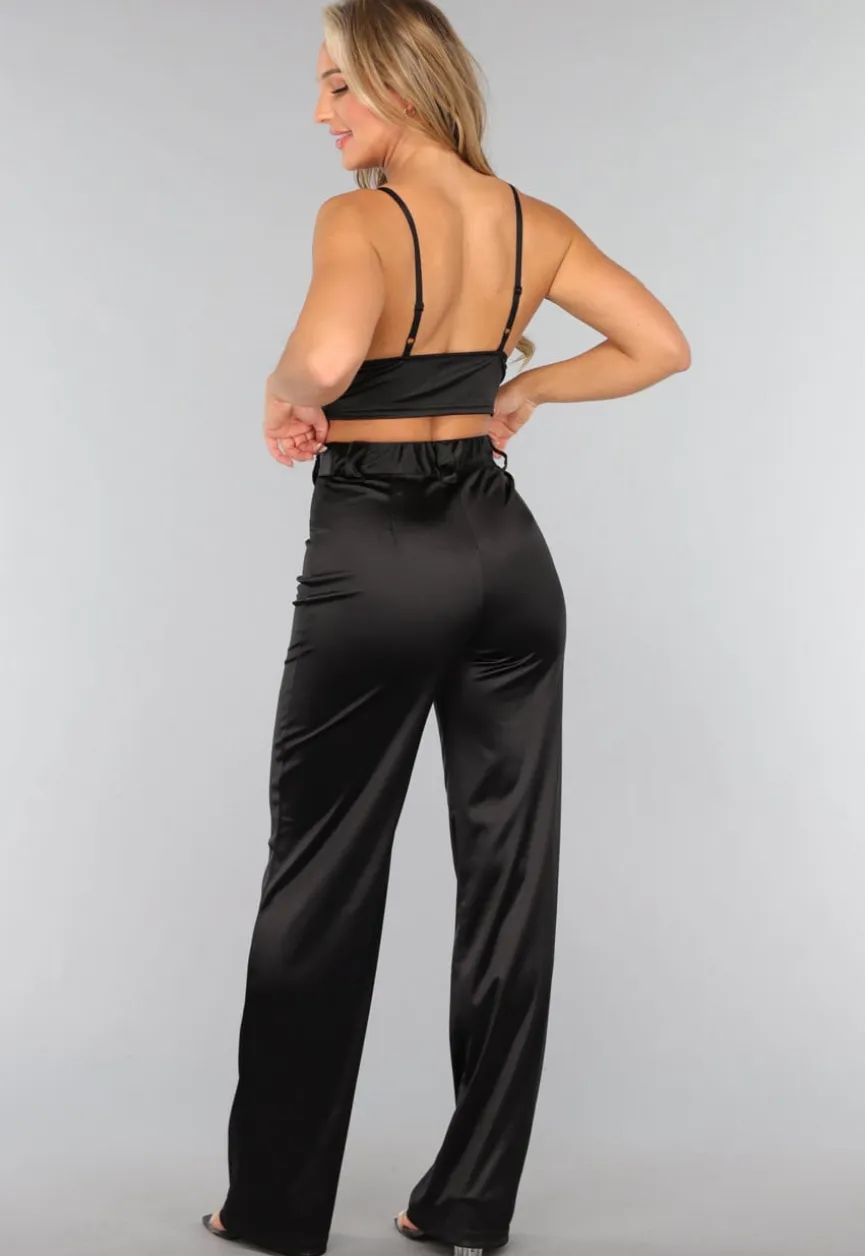 Zwarte Satijnen Straight Leg Stretch Pantalon