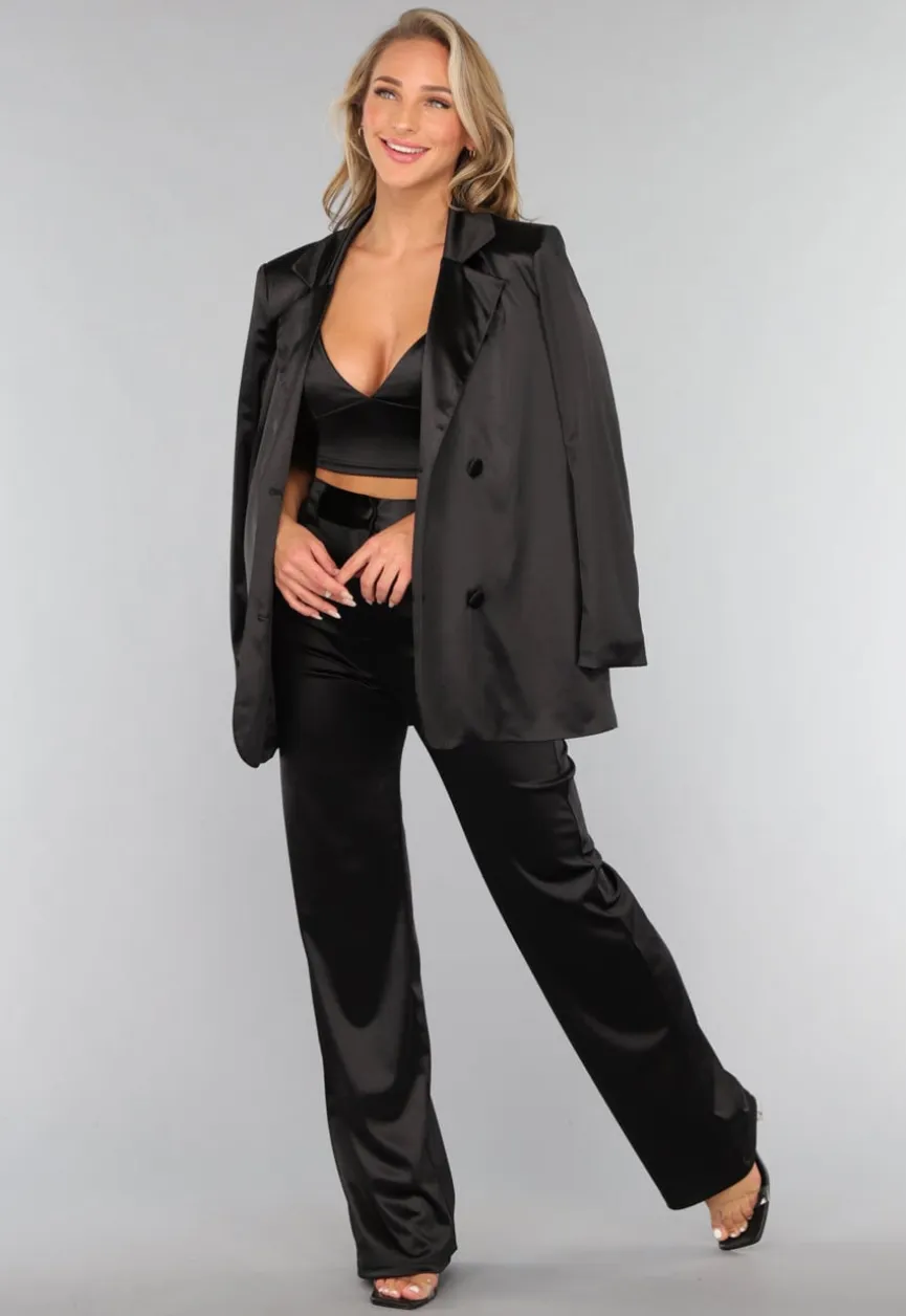 Zwarte Satijnen Straight Leg Stretch Pantalon