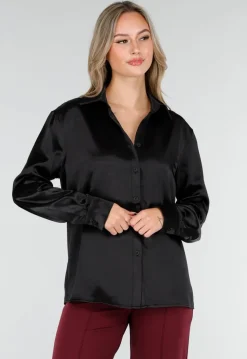 Zwarte Satijnlook Blouse met Lange Mouwen en Knoopsluiting
