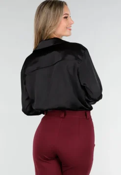 Zwarte Satijnlook Blouse met Lange Mouwen en Knoopsluiting