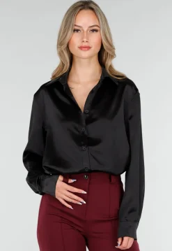 Zwarte Satijnlook Blouse met Lange Mouwen en Knoopsluiting