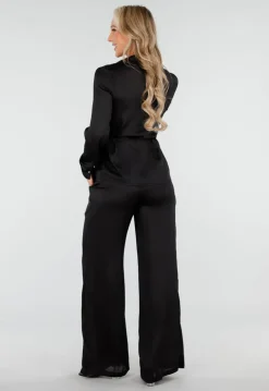 Zwarte Satijnlook Set Met Blouse en Wide Leg Broek