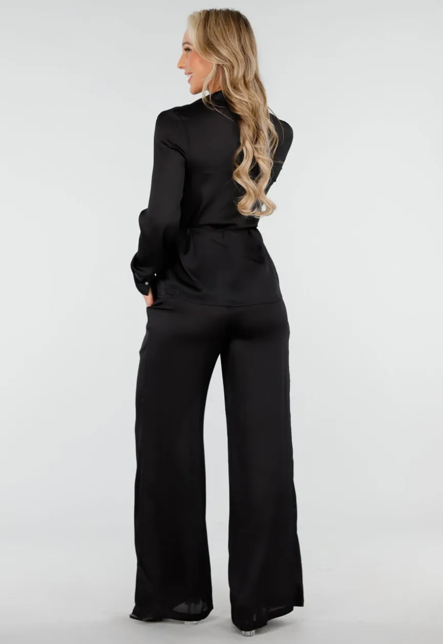 Zwarte Satijnlook Set Met Blouse en Wide Leg Broek