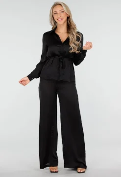 Zwarte Satijnlook Set Met Blouse en Wide Leg Broek
