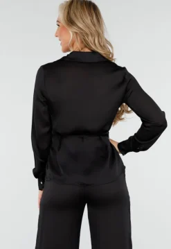 Zwarte Satijnlook Set Met Blouse en Wide Leg Broek