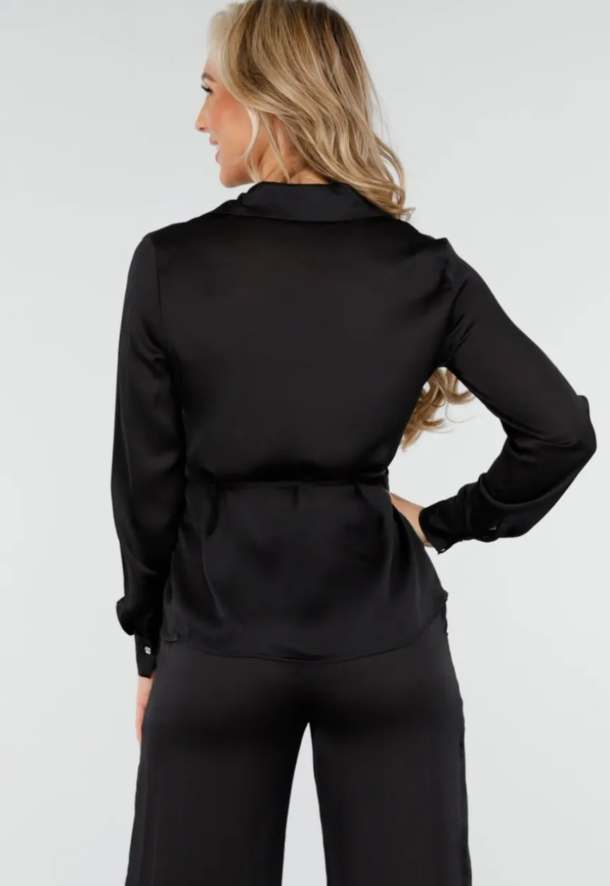Zwarte Satijnlook Set Met Blouse en Wide Leg Broek