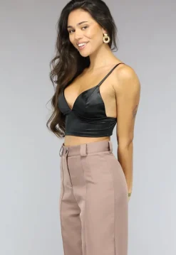 Zwarte Satin Look Crop Top met Spaghettibandjes