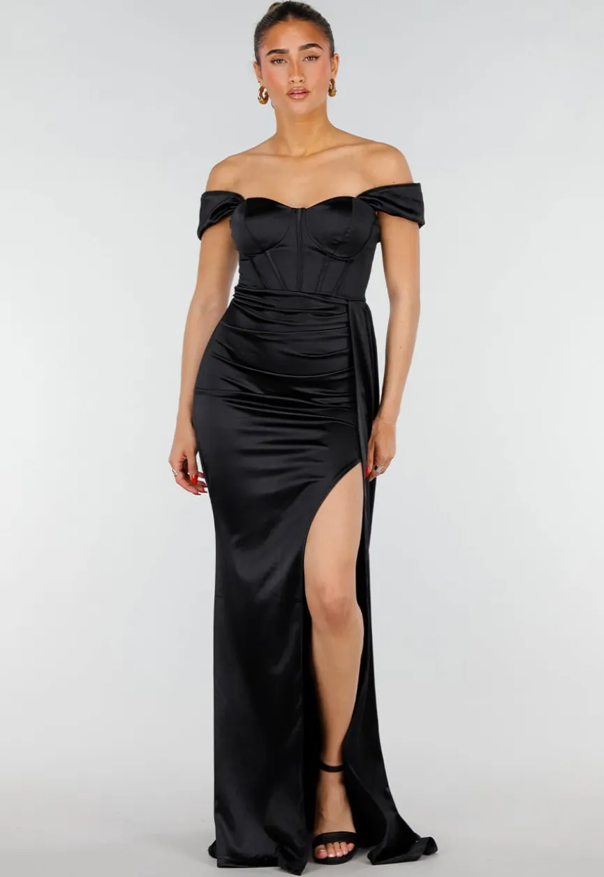 Zwarte Satin Off Shoulder Galajurk met Split