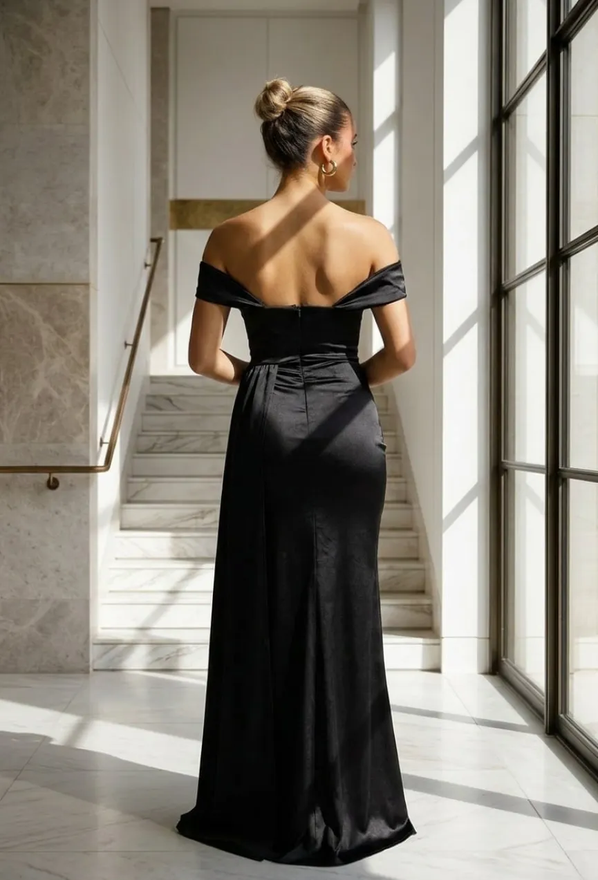 Zwarte Satin Off Shoulder Galajurk met Split