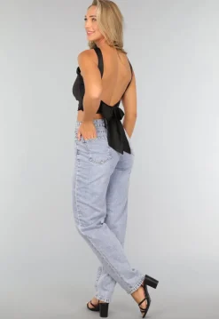Zwarte Satin Top met Strikdetail