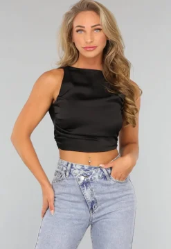 Zwarte Satin Top met Strikdetail