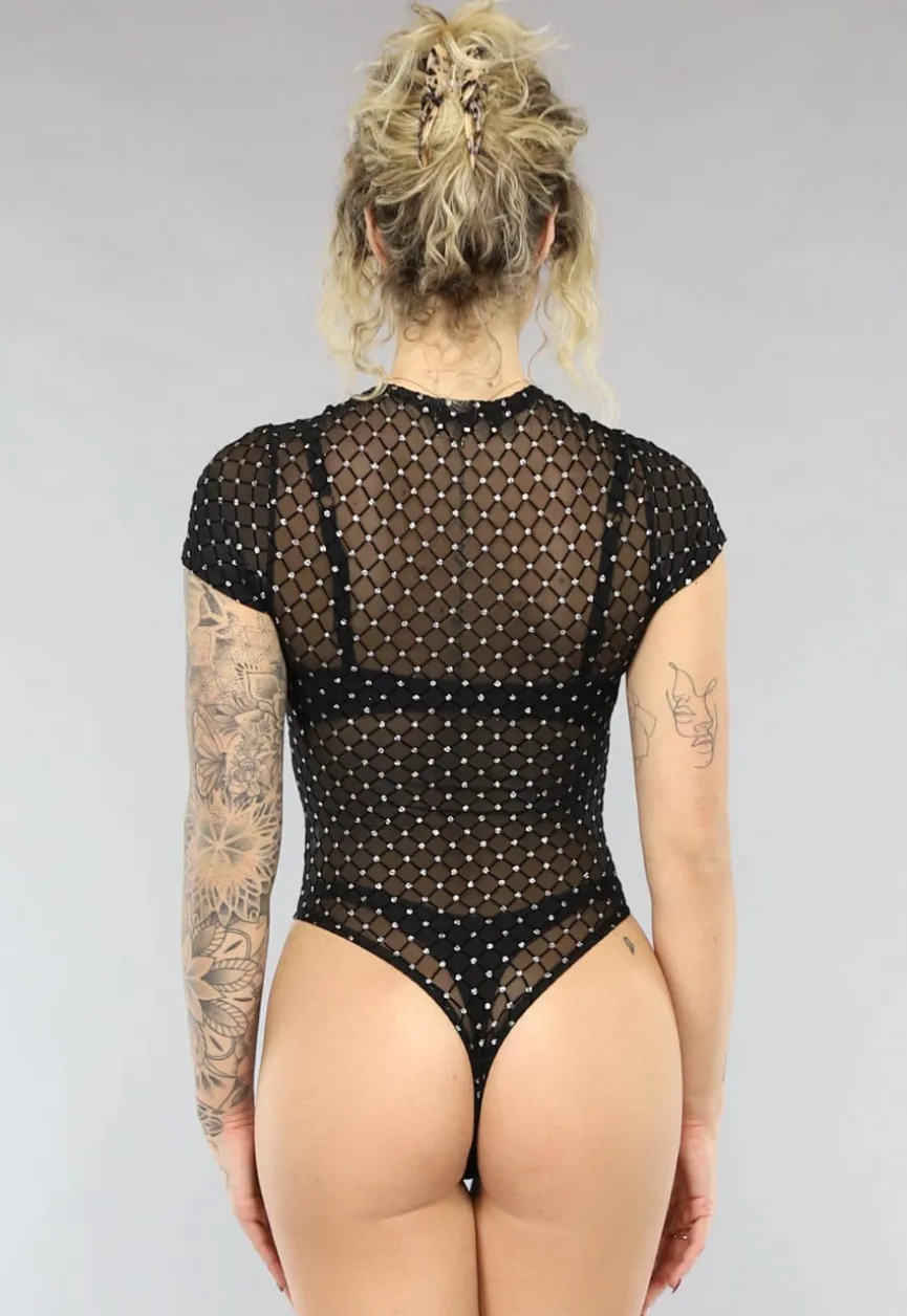 Zwarte See Through Bodysuit met Glitters