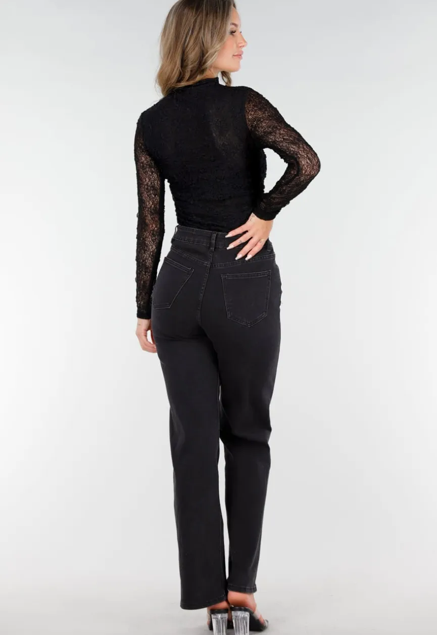 Zwarte See Through Kanten Top met Gedrappeerd Effect