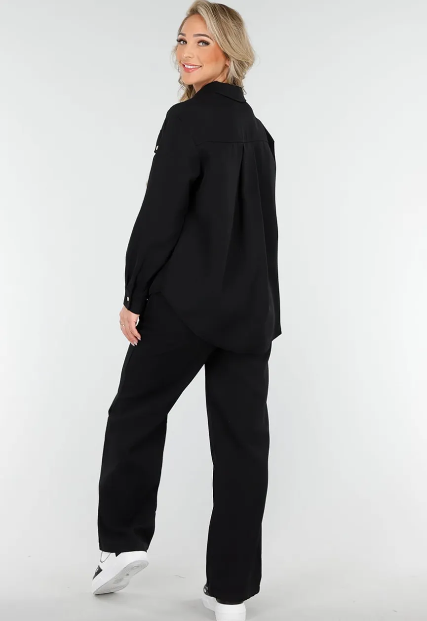 Zwarte Set met Blouse met Gouden Knopen en Straight Leg Pantalon