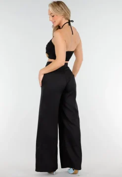 Zwarte Set met Halter Crop Top en Wijde High Waist Broek