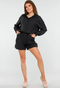 Zwarte Set van Short en Blouse met Streepjes en Elastische Tailleband