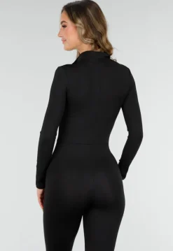 Zwarte Shaping Jumpsuit met Rits en Lange Mouwen