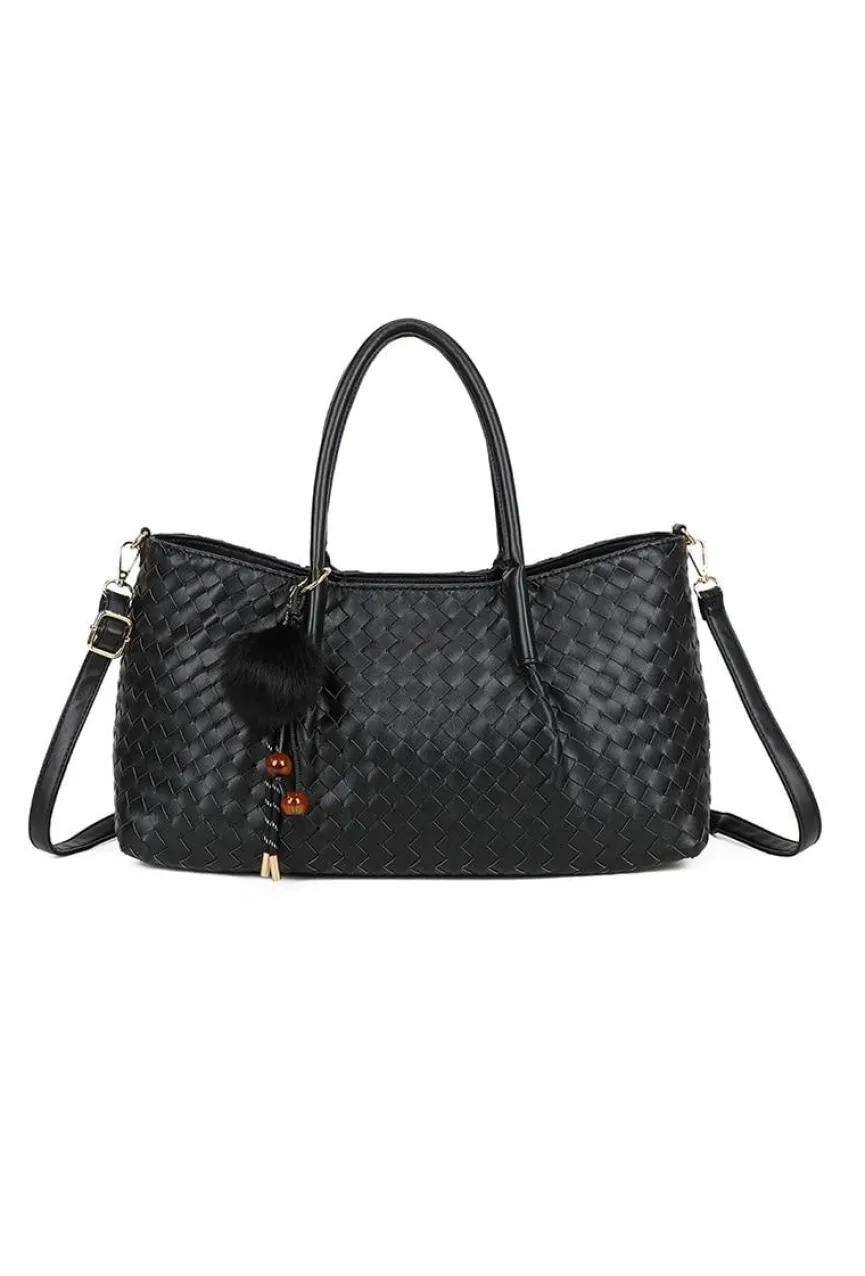 Zwarte Shopper met Gevlochten Leerlook en Decoratieve Hanger